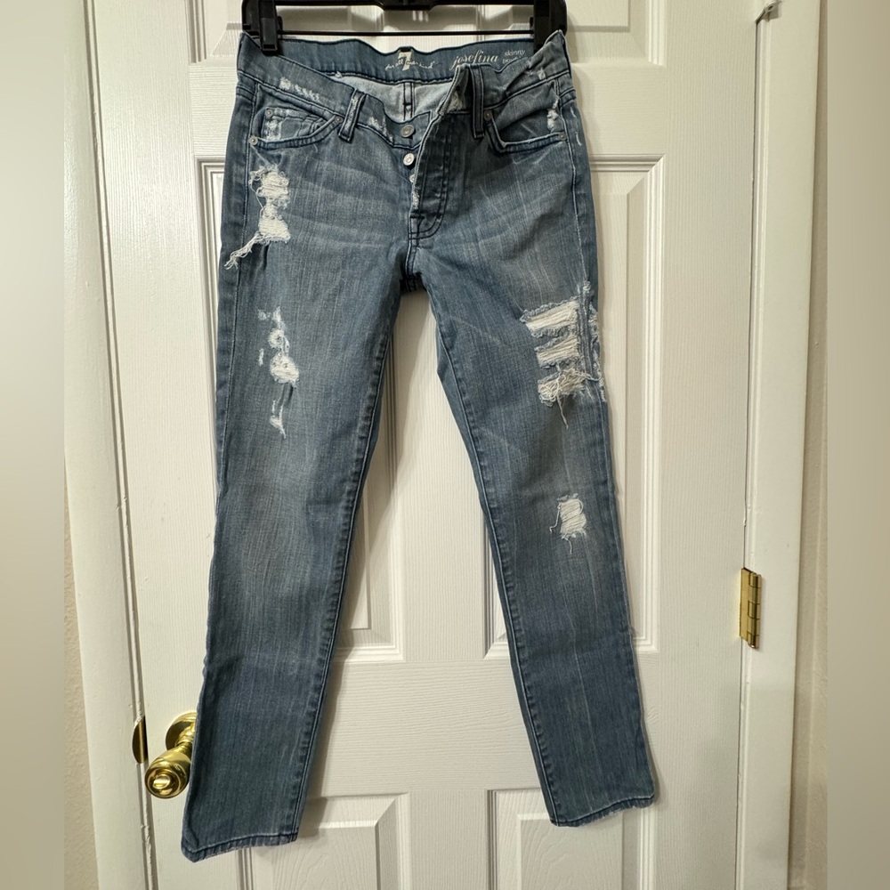 7 For All Mankind Blue Skinny Boyfriend Distressed Jeans